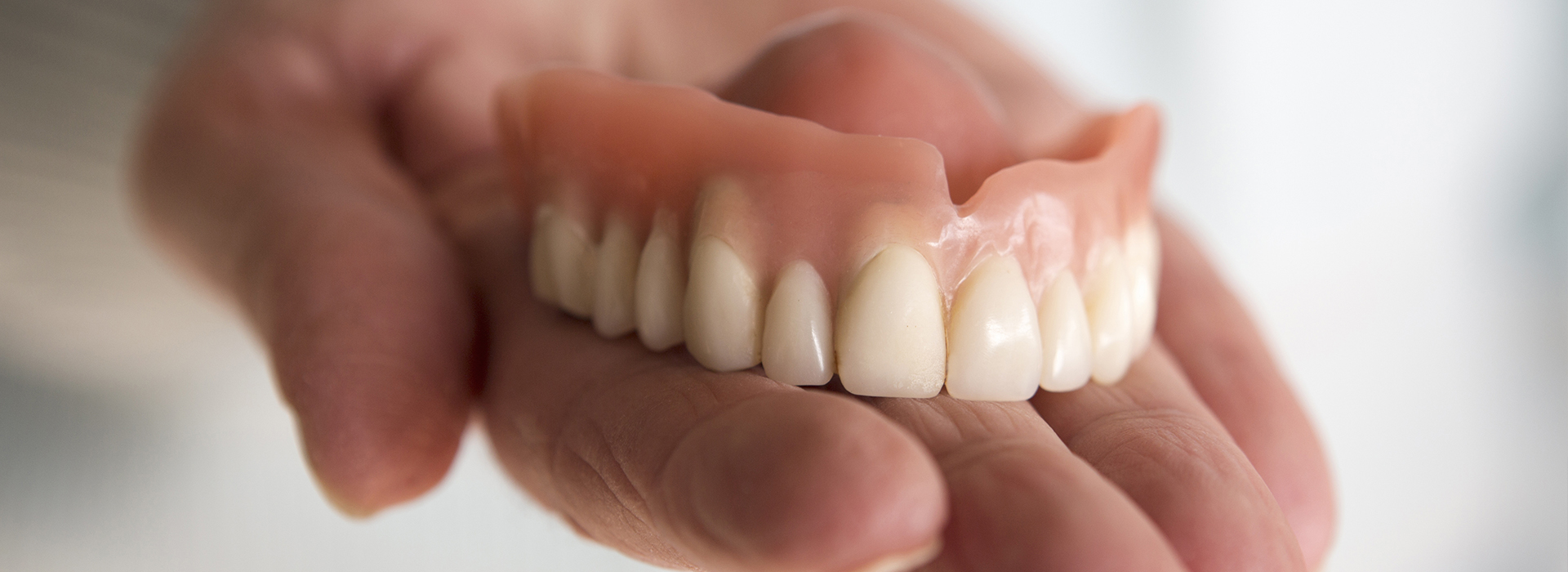 An adult human hand holding a set of artificial teeth with visible enamel and dentin layers.